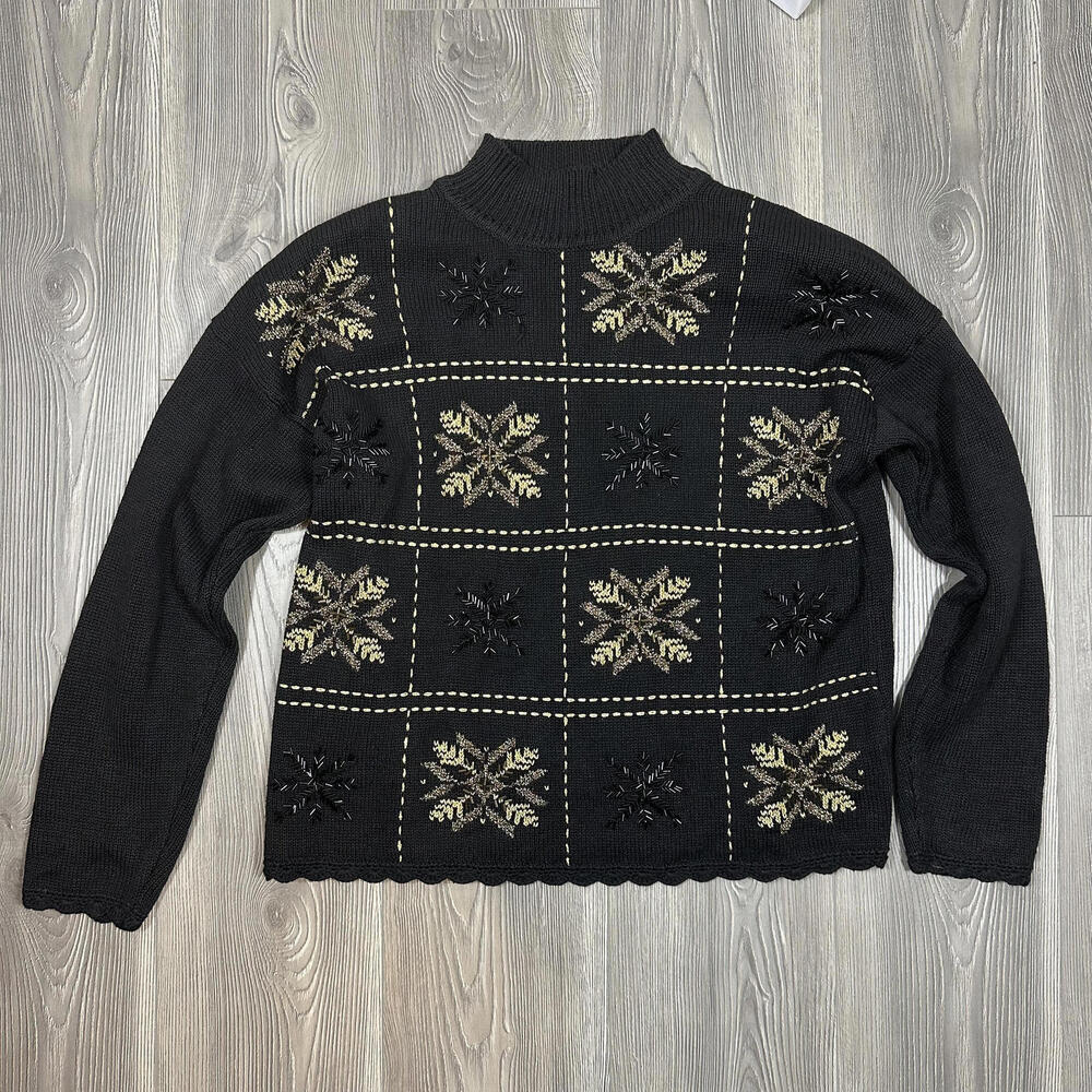 Beldoch Popper‎ Women's Black Gold Beaded Holiday Turtleneck Sweater